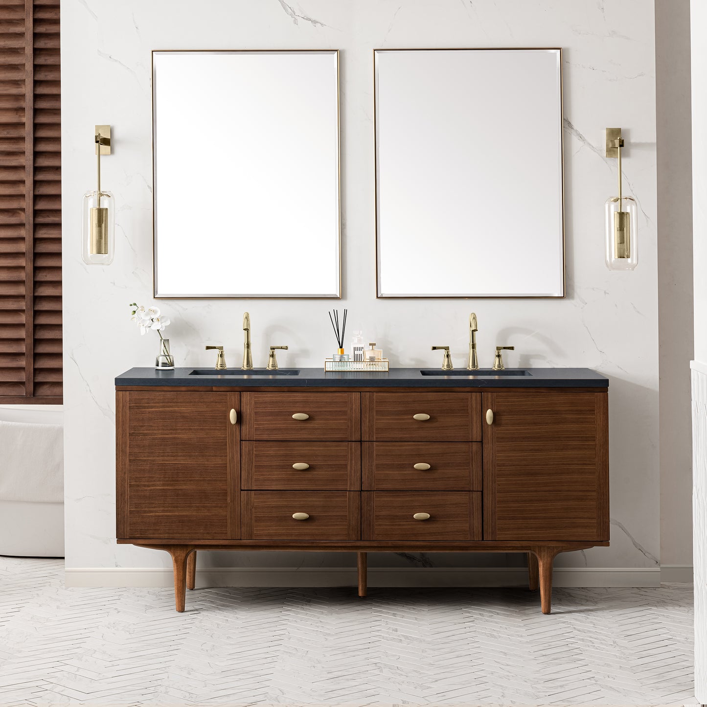 Amberly 72" Double Vanity, Mid-Century Walnut w/ 3CM Charcoal Soapstone Top James Martin Vanities