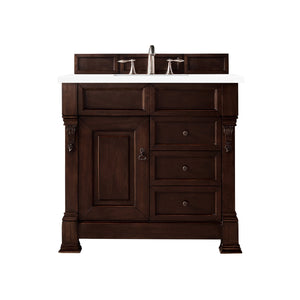 Brookfield 36" Single Vanity, Burnished Mahogany w/ 3 CM White Zeus Quartz Top James Martin Vanities