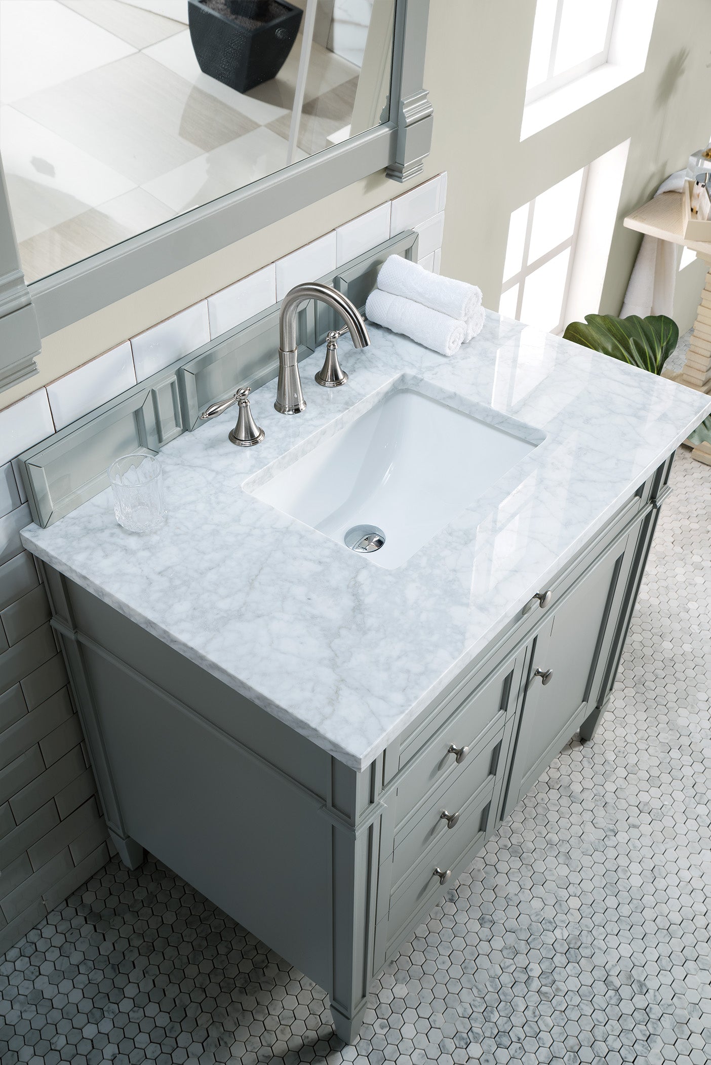 Brittany 36" Urban Gray Single Vanity w/ 3 CM Carrara Marble Top James Martin Vanities
