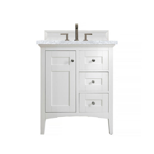 Palisades 30" Single Vanity, Bright White w/ 3 CM Carrara Marble Top James Martin Vanities