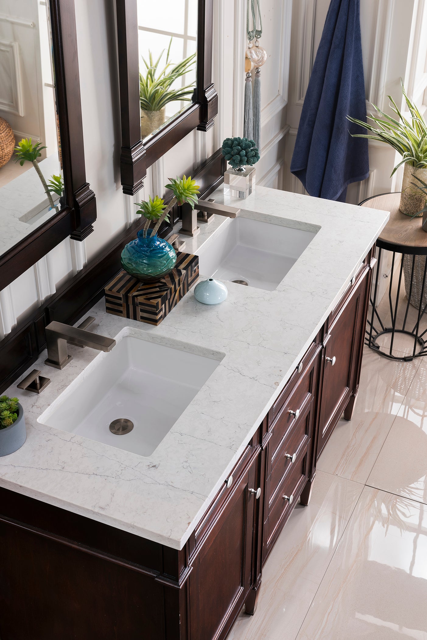 Brittany 60" Burnished Mahogany Double Vanity w/ 3 CM Eternal Jasmine Pearl Quartz Top James Martin Vanities