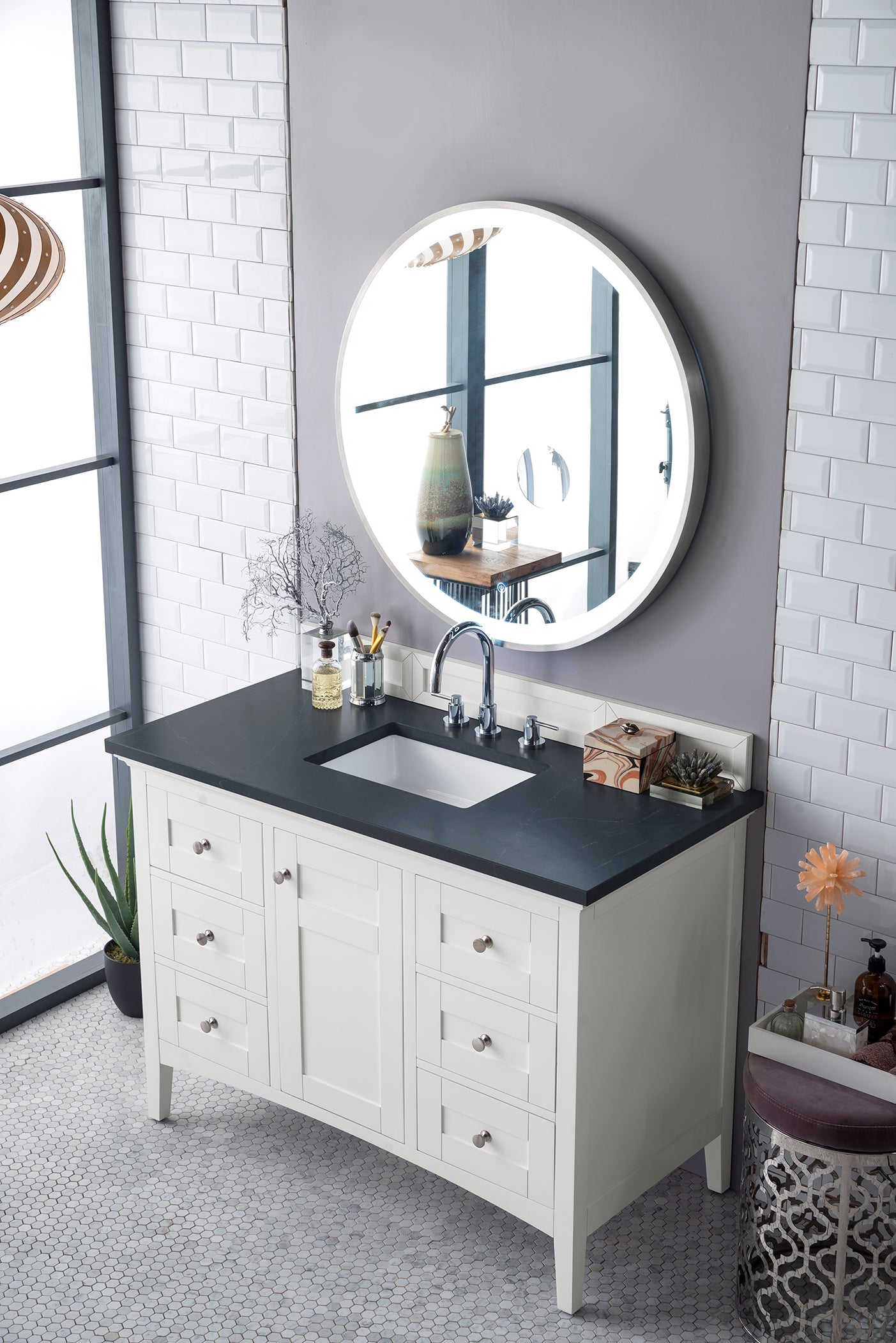 Palisades 48" Single Vanity, Bright  White, w/ 3 CM Charcoal Soapstone Quartz Top James Martin Vanities