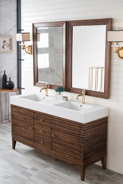 Linear 59" Double Vanity, Mid Century Walnut w/ Glossy White Composite Top James Martin Vanities