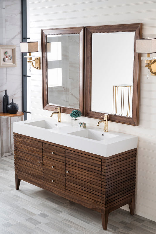 Linear 59" Double Vanity, Mid Century Walnut w/ Glossy White Composite Top James Martin Vanities