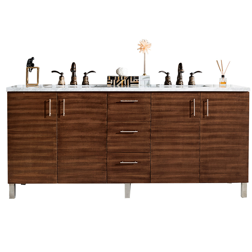 Metropolitan 72" American Walnut Double Vanity w/ 3 CM Arctic Fall Solid Surface Top James Martin Vanities