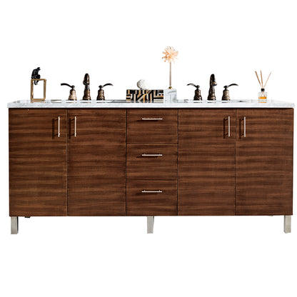 Metropolitan 72" American Walnut Double Vanity w/ 3 CM Arctic Fall Solid Surface Top James Martin Vanities