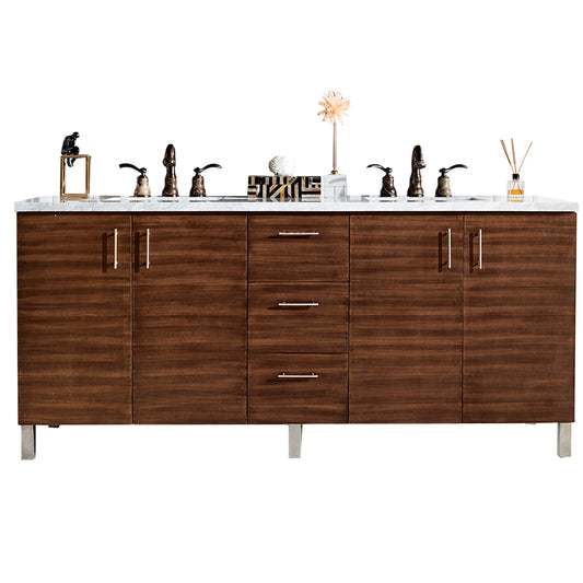 Metropolitan 72" American Walnut Double Vanity w/ 3 CM Arctic Fall Solid Surface Top James Martin Vanities