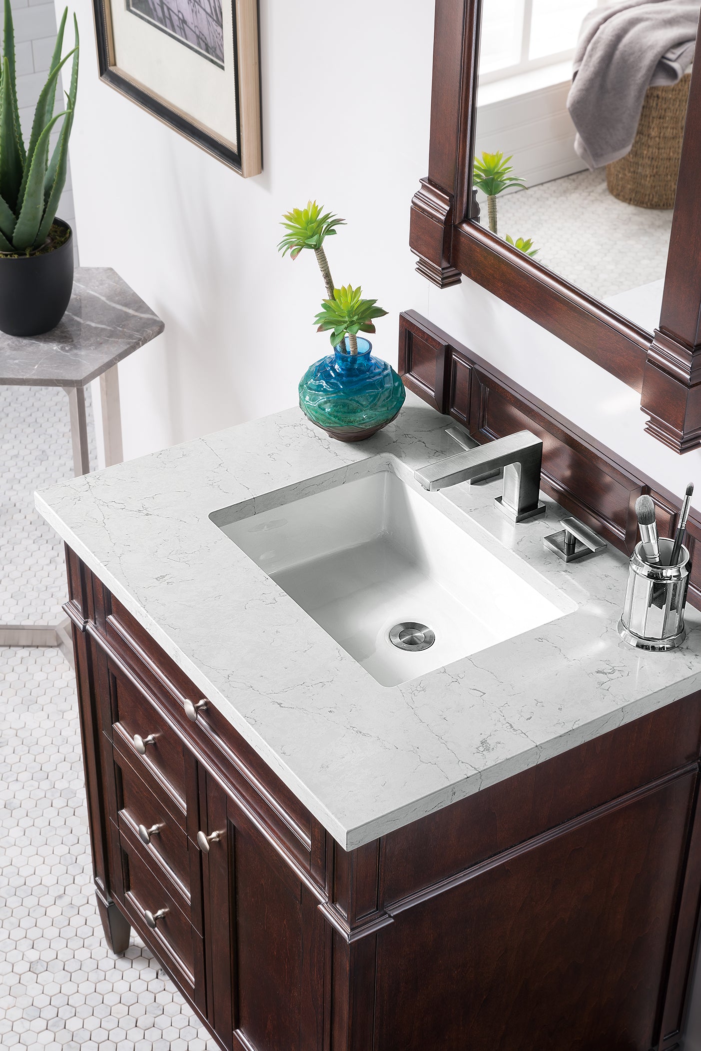 Brittany 30" Single Vanity, Burnished Mahogany, w/ 3 CM Eternal Jasmine Pearl Quartz Top James Martin Vanities