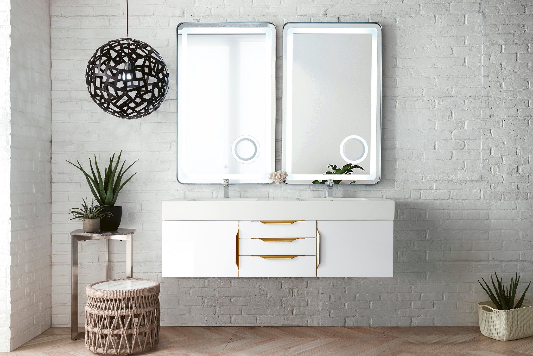 Mercer Island 59 Double Vanity, Glossy White, Radiant Gold w/ Glossy White  Composite Top