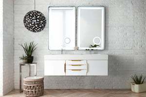 Mercer Island 59" Double Vanity, Glossy White, Radiant Gold w/ Glossy White Composite Top James Martin Vanities