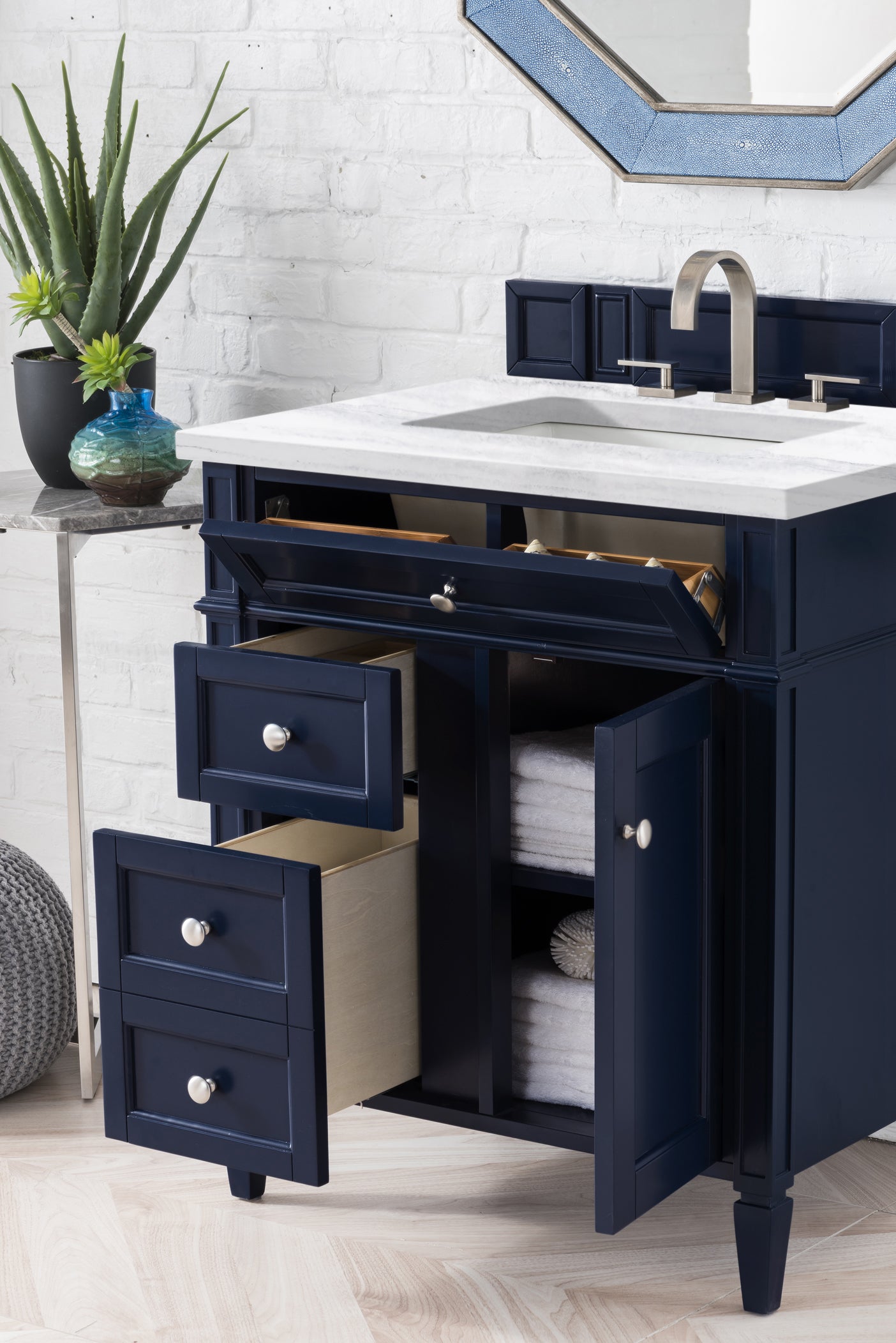 Brittany 30" Single Vanity, Victory Blue w/ 3 CM Arctic Fall Solid Surface Top James Martin Vanities