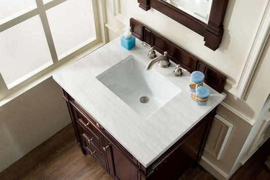 Brittany 30" Single Vanity, Burnished Mahogany w/ 3 CM Arctic Fall Solid Surface Top James Martin Vanities