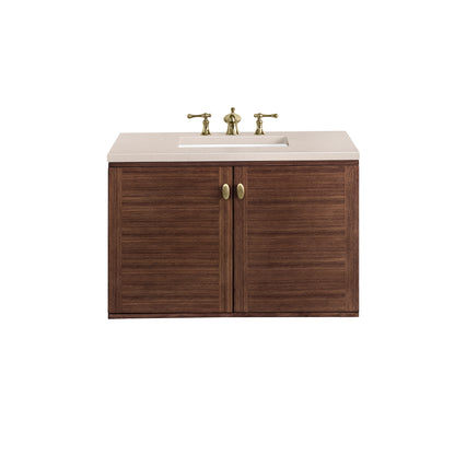 Amberly 36" Single Vanity, Mid-Century Walnut w/ 3CM Eternal Marfil Top James Martin Vanities
