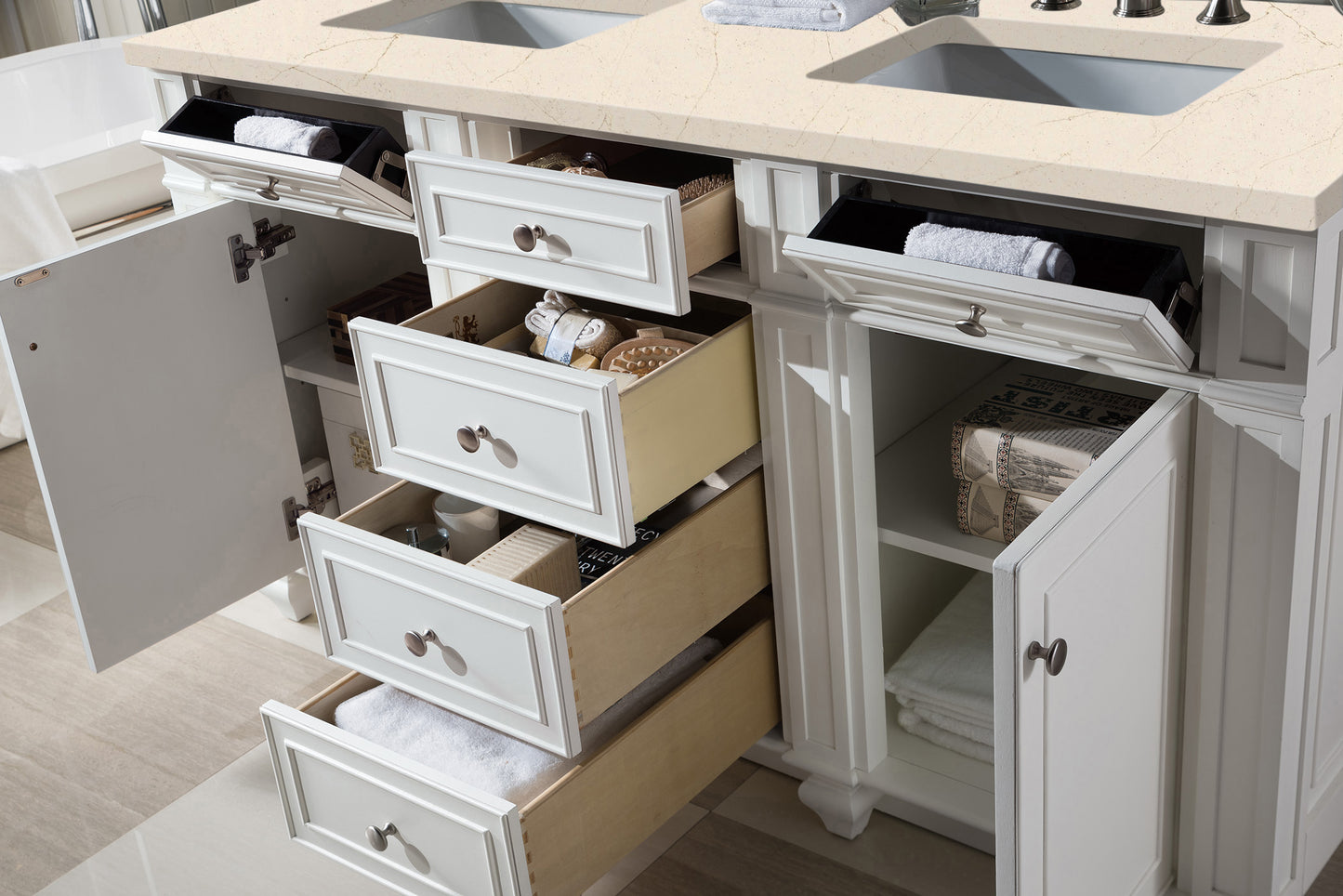 Bristol 60" Double Vanity, Bright White, w/ 3 CM Eternal Marfil Quartz Top James Martin Vanities