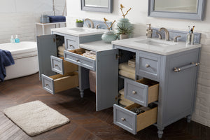 Copper Cove Encore 86" Double Vanity Set, Silver Gray w/ Makeup Table, 3 CM White Zeus Quartz Top James Martin Vanities