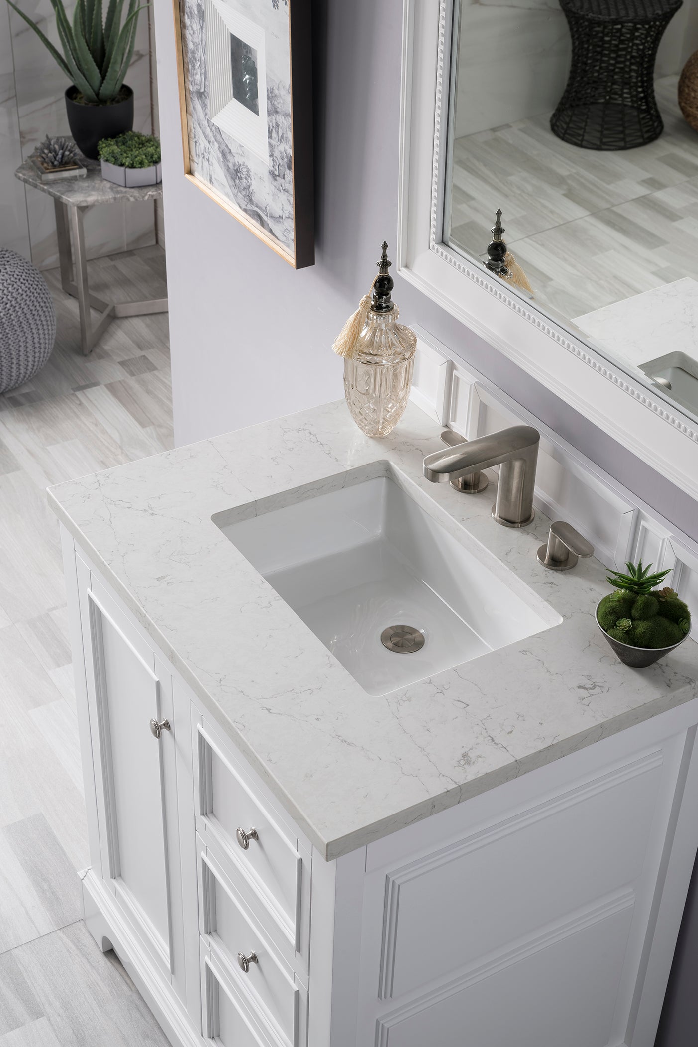 De Soto 30" Single Vanity, Bright White w/ 3 CM Eternal Jasmine Pearl Quartz Top James Martin Vanities