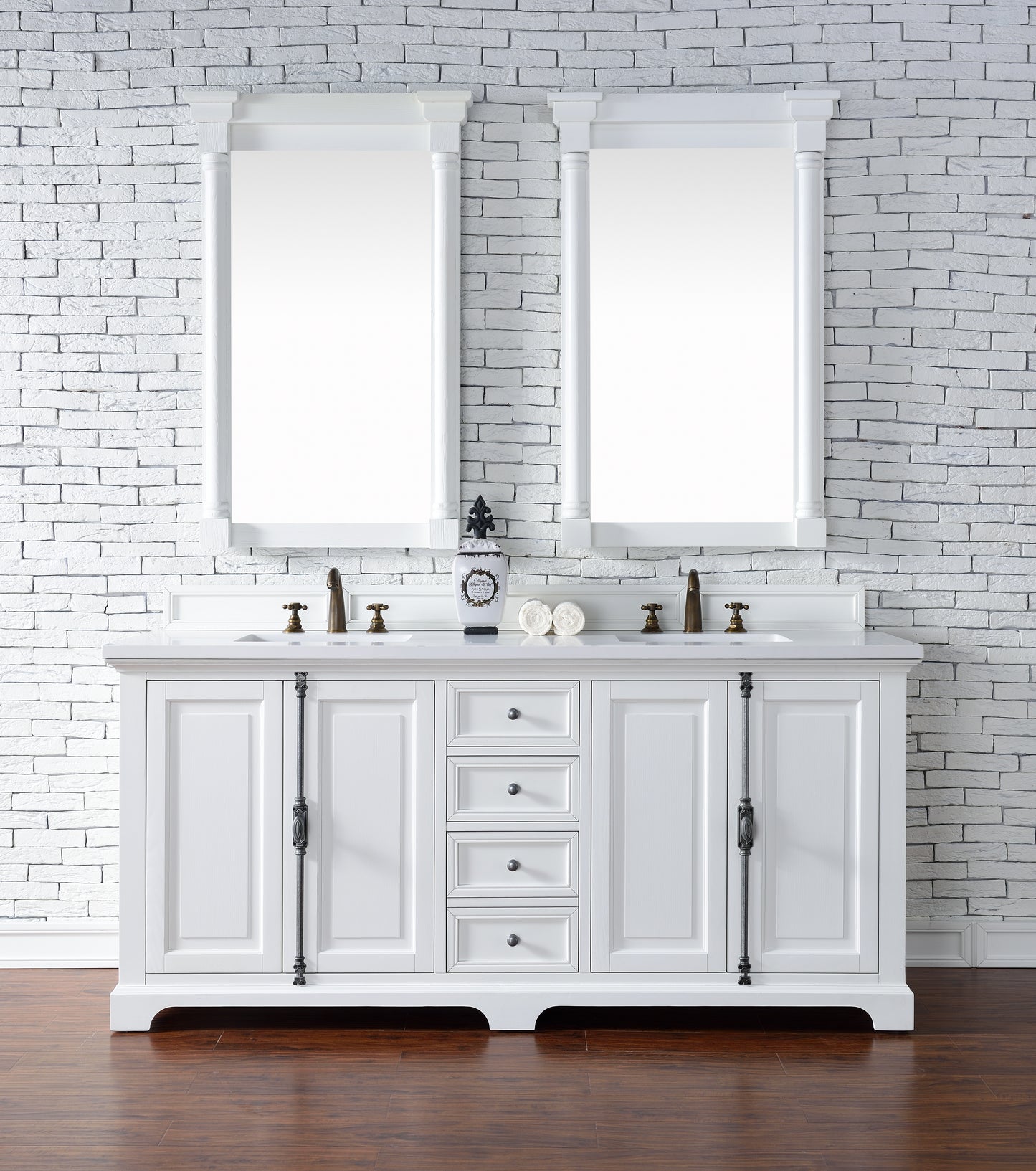 Providence 72" Double Vanity Cabinet, Bright White, w/ 3 CM Classic White Quartz Top James Martin