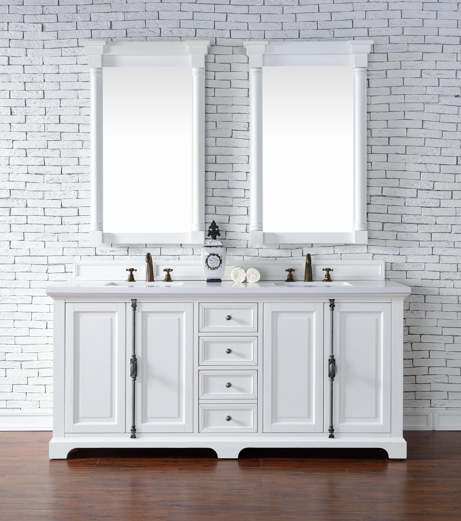 Providence 72" Double Vanity Cabinet, Bright White, w/ 3 CM Classic White Quartz Top James Martin