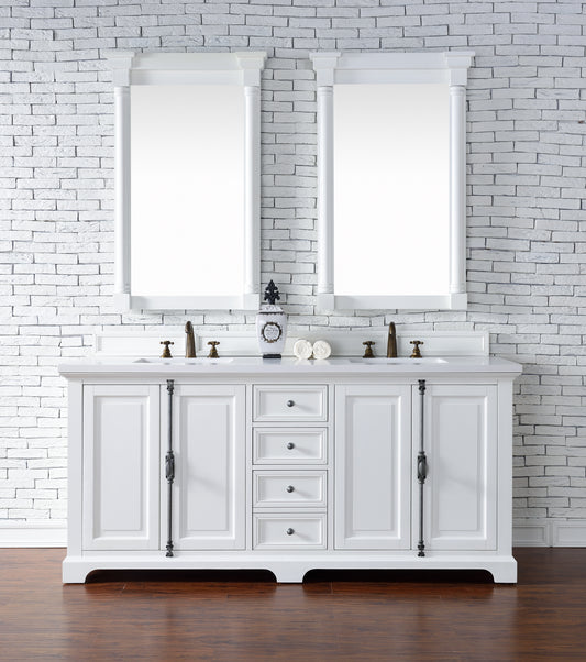Providence 72" Double Vanity Cabinet, Bright White, w/ 3 CM Classic White Quartz Top James Martin