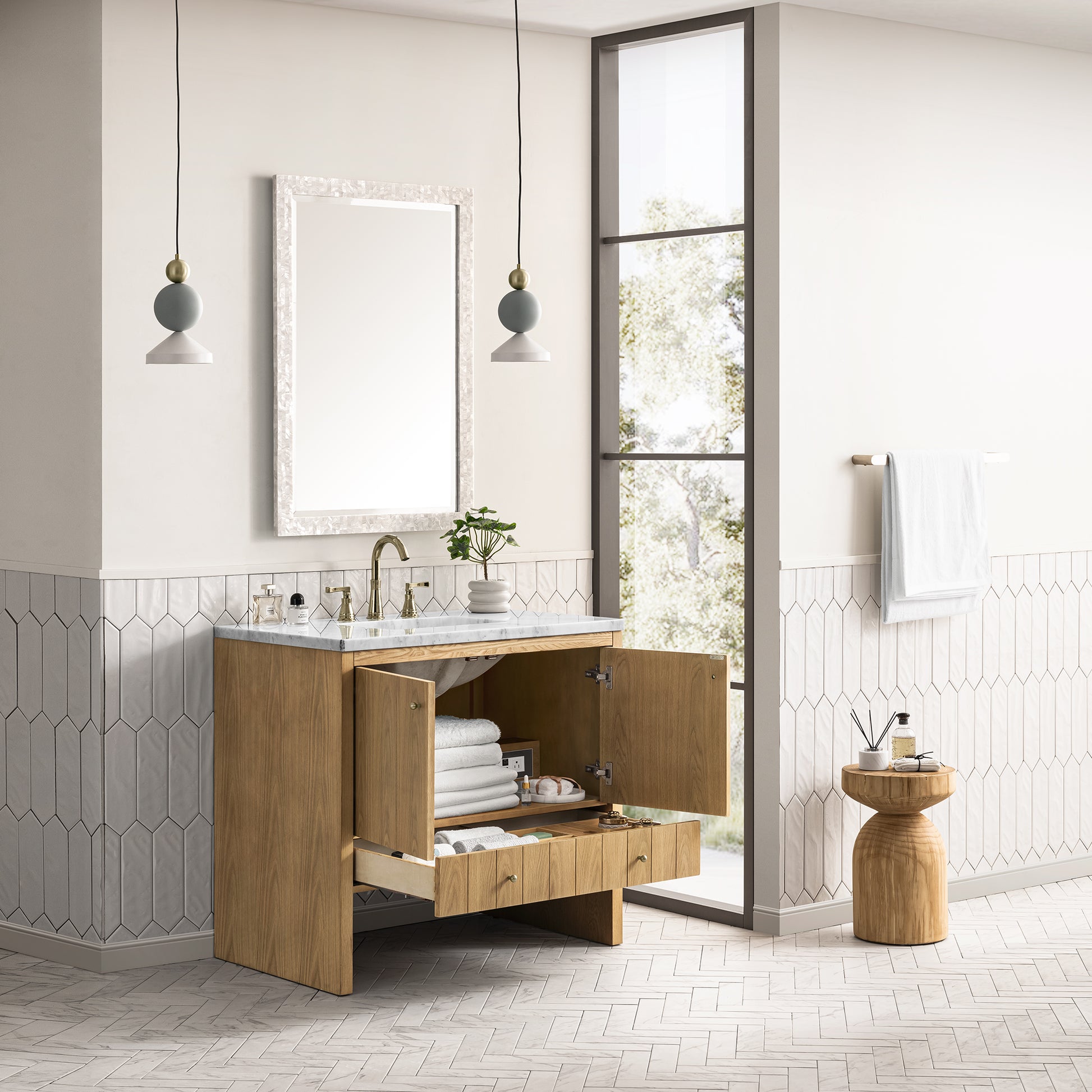 Hudson 36" Single Vanity, Light Natural Oak w/ 3CM Carrara Marble Top James Martin Vanities