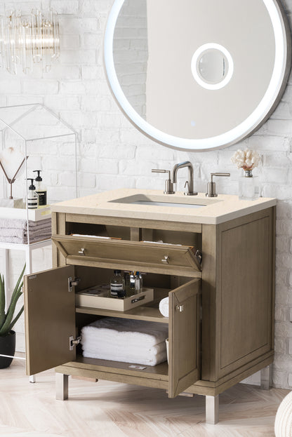 Chicago 30" Single Vanity, Whitewashed Walnut w/ 3 CM Eternal Marfil Quartz Top James Martin Vanities