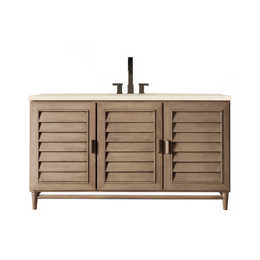 Portland 60" Single Vanity Whitewashed Walnut, w/ 3 CM Eternal Marfil Quartz Top James Martin Vanities