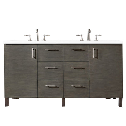 Metropolitan 60" Double Vanity, Silver Oak, w/ 3 CM White Zeus Quartz Top James Martin Vanities