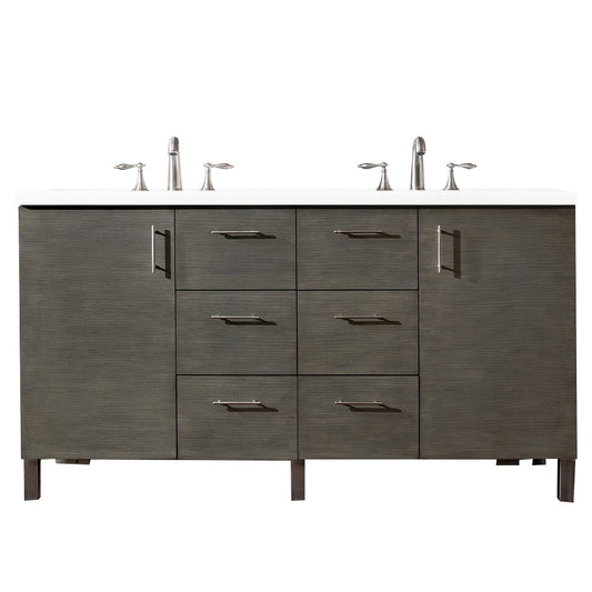 Metropolitan 60" Double Vanity, Silver Oak, w/ 3 CM White Zeus Quartz Top James Martin Vanities