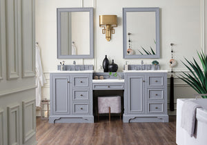 De Soto 82" Double Vanity Set, Silver Gray w/ Makeup Table, 3 CM White Zeus Quartz Top James Martin Vanities