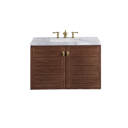 Amberly 36" Single Vanity, Mid-Century Walnut w/ 3CM Carrara Marble Top James Martin Vanities