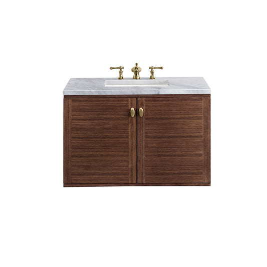 Amberly 36" Single Vanity, Mid-Century Walnut w/ 3CM Carrara Marble Top James Martin Vanities