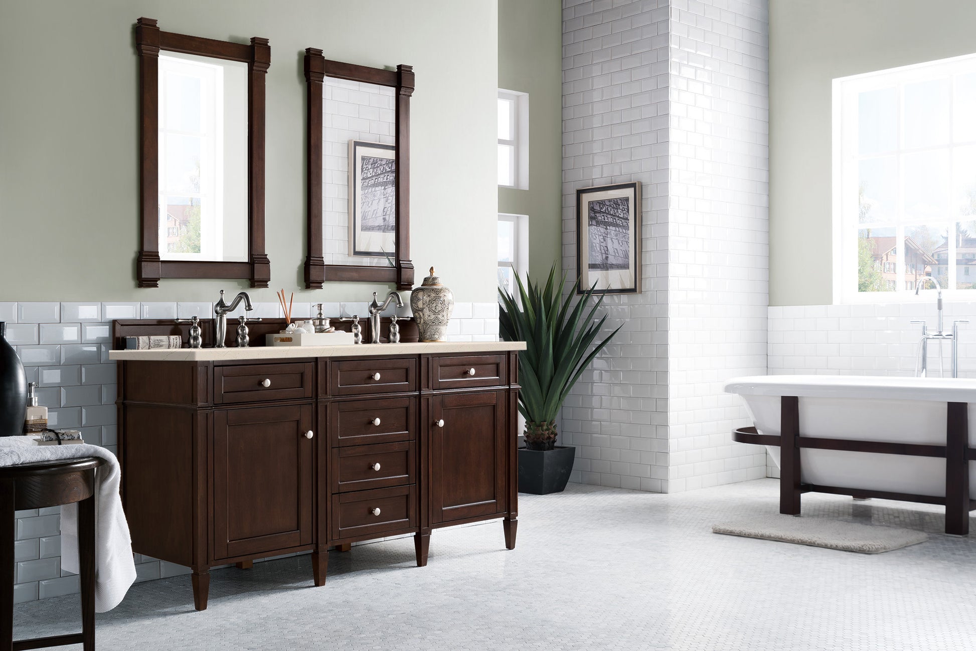 Brittany 60" Burnished Mahogany Double Vanity w/ 3 CM Eternal Marfil Quartz Top James Martin Vanities