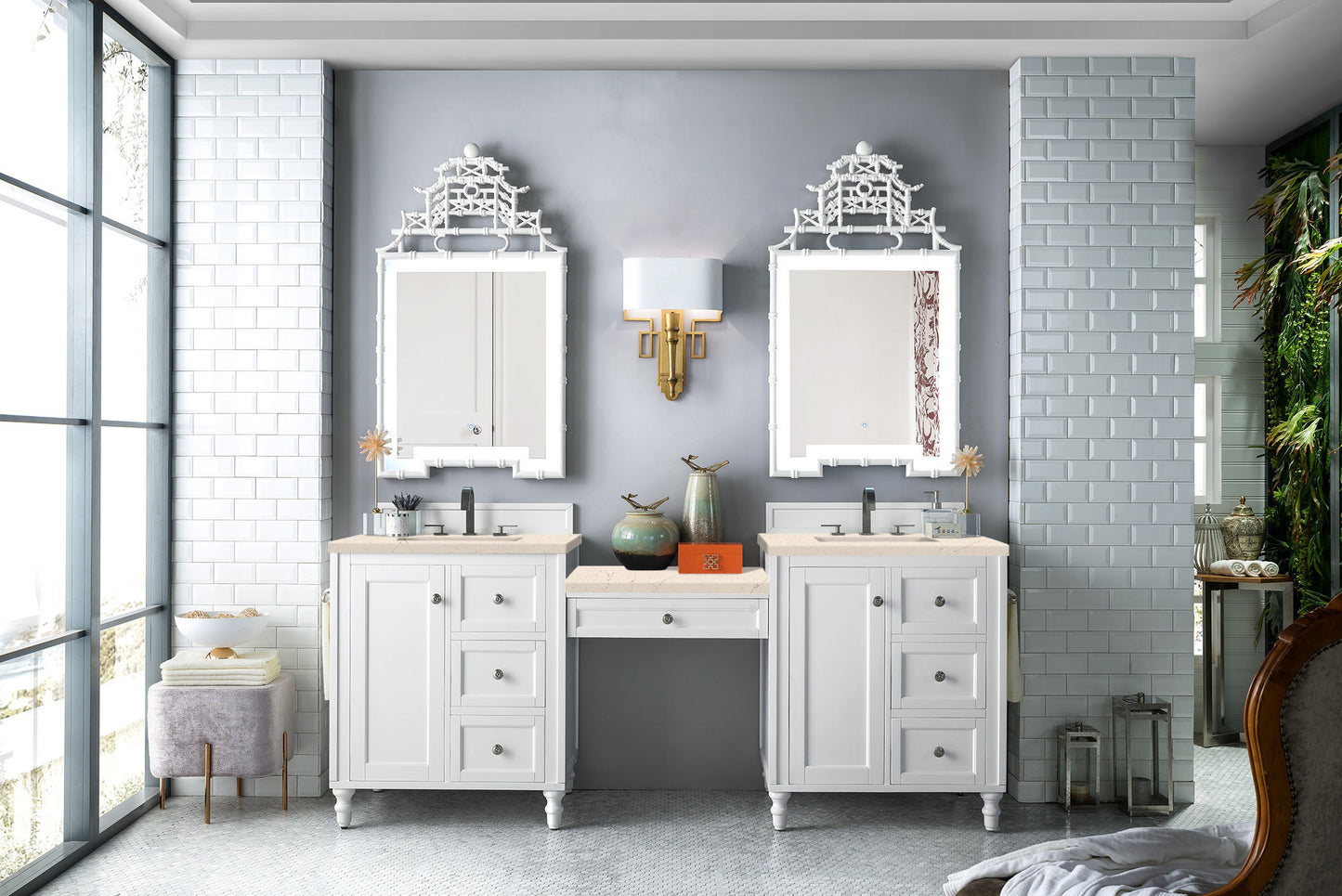 Copper Cove Encore 86" Double Vanity Set, Bright White w/ Makeup Table, 3 CM Eternal Marfil Quartz Top James Martin Vanities