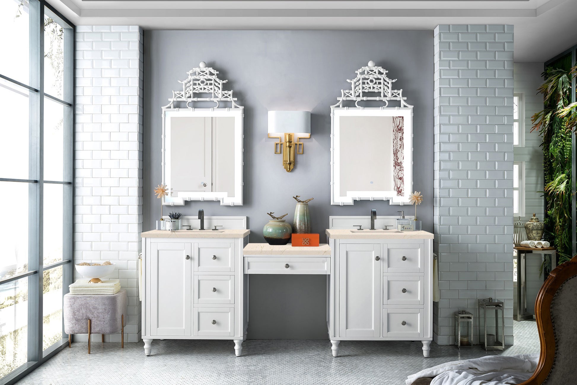 Copper Cove Encore 86" Double Vanity Set, Bright White w/ Makeup Table, 3 CM Eternal Marfil Quartz Top James Martin Vanities
