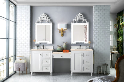 Copper Cove Encore 86" Double Vanity Set, Bright White w/ Makeup Table, 3 CM Eternal Marfil Quartz Top James Martin Vanities