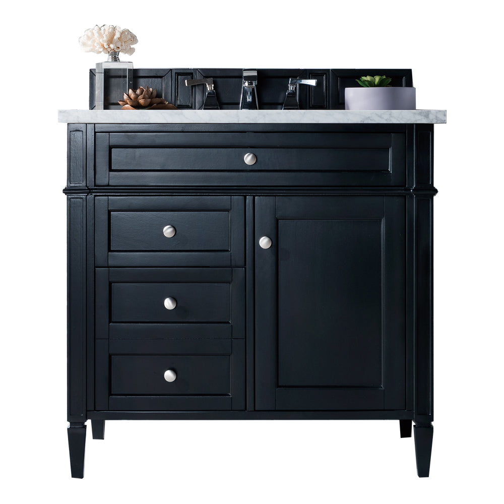 Brittany 36" Black Onyx Single Vanity w/ 3 CM Arctic Fall Solid Surface Top James Martin Vanities