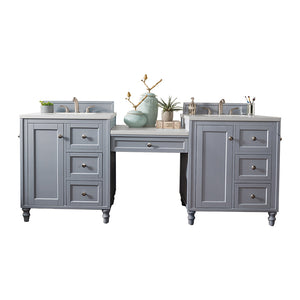 Copper Cove Encore 86" Double Vanity Set, Silver Gray w/ Makeup Table, 3 CM White Zeus Quartz Top James Martin Vanities