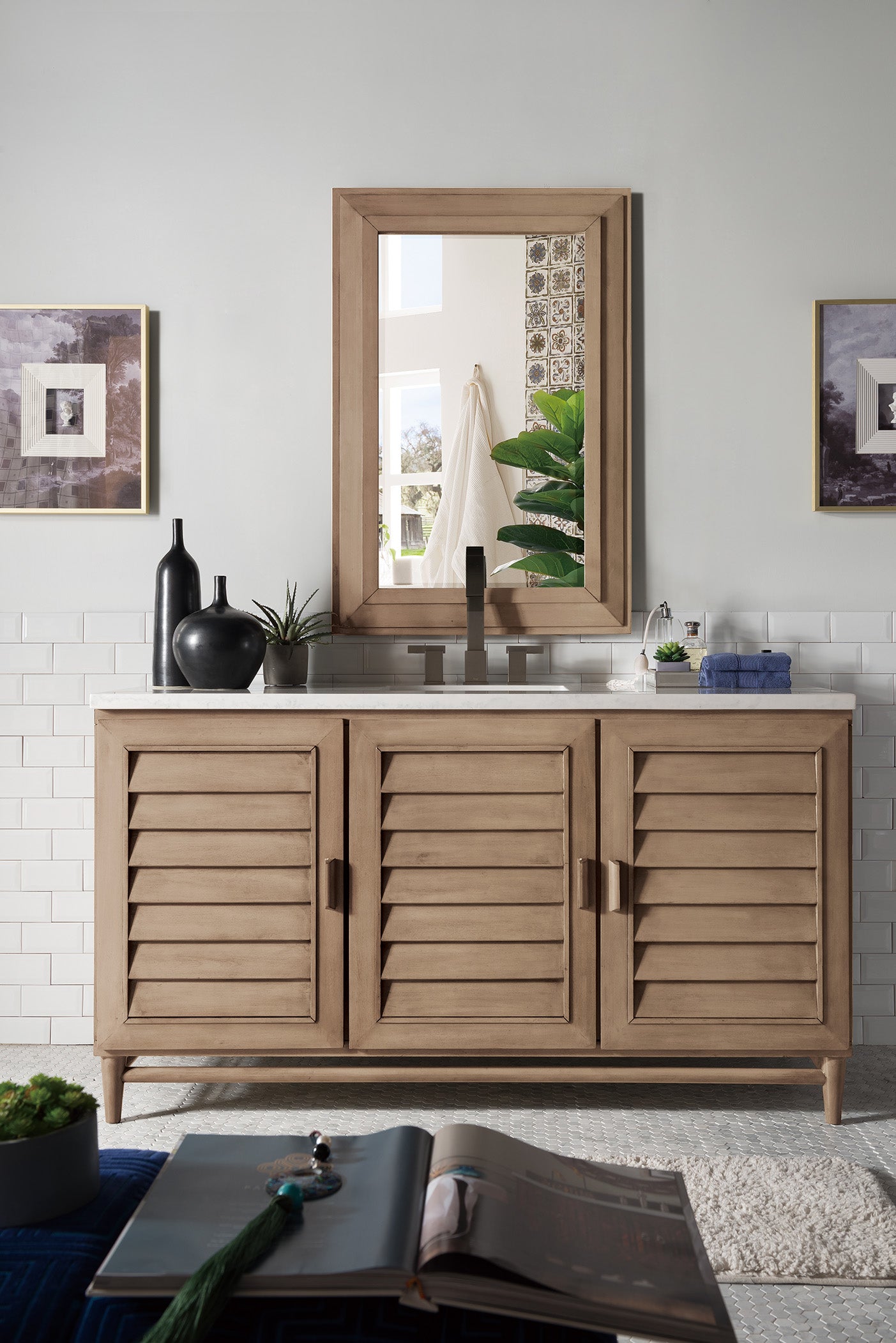 Portland 60" Single Vanity Whitewashed Walnut w/ 3 CM Arctic Fall Solid Surface Top James Martin Vanities