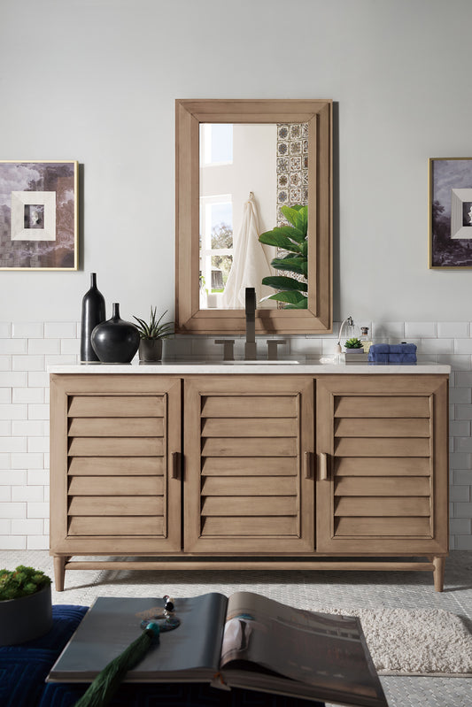 Portland 60" Single Vanity Whitewashed Walnut w/ 3 CM Arctic Fall Solid Surface Top James Martin Vanities
