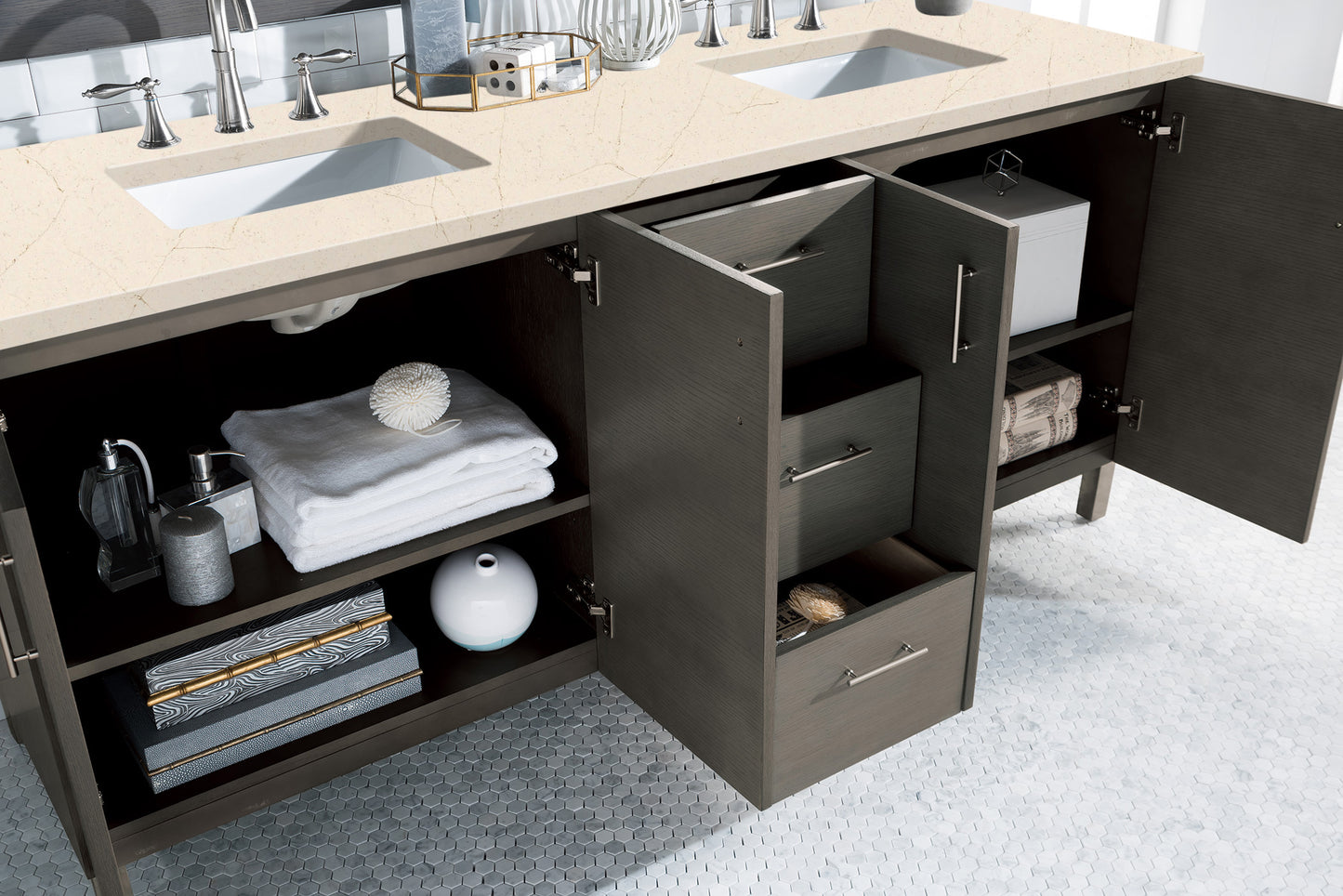 Bathroom Vanities Outlet Atlanta Renovate for LessMetropolitan 72" Double Vanity, Silver Oak, w/ 3 CM Eternal Marfil Quartz Top