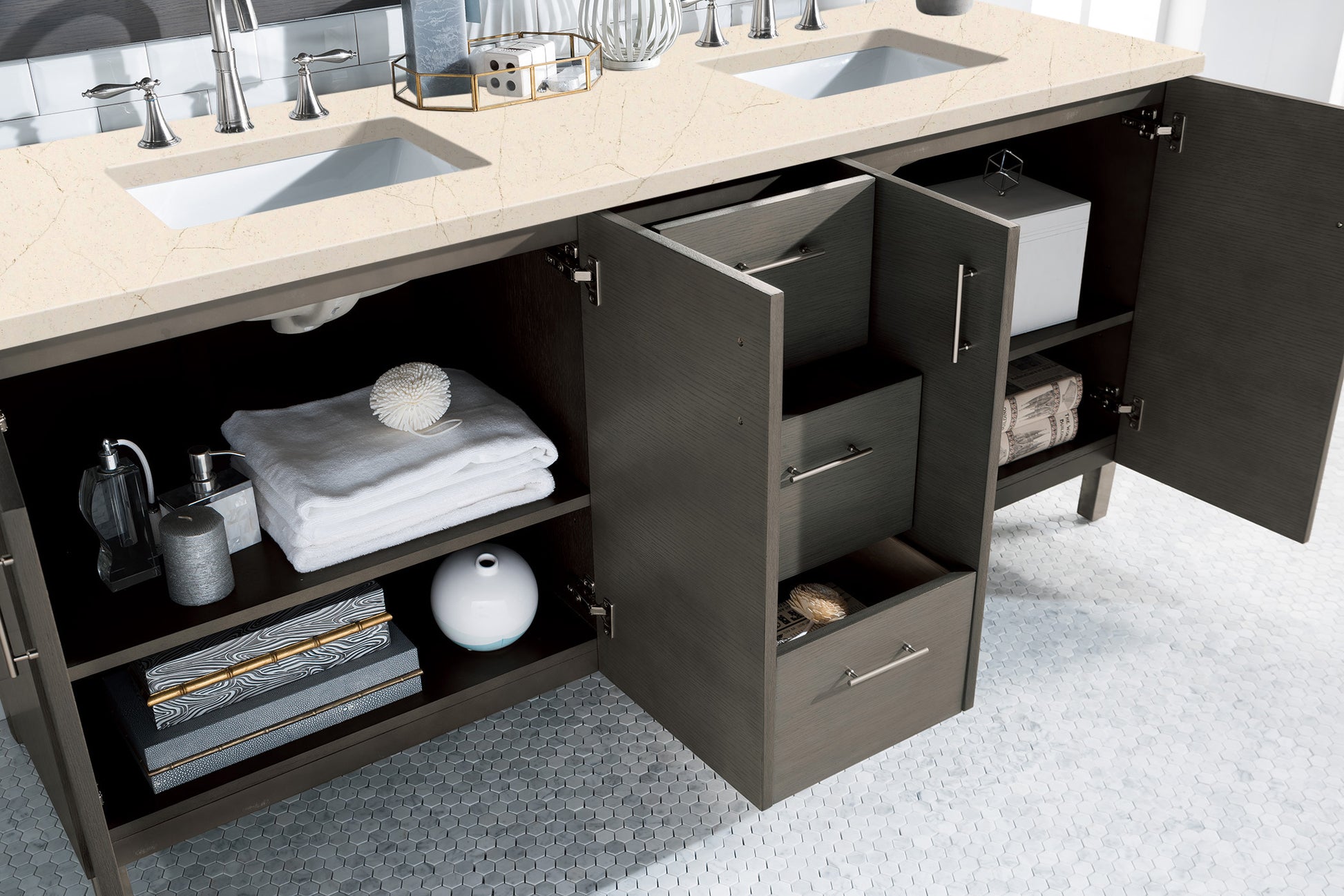 Bathroom Vanities Outlet Atlanta Renovate for LessMetropolitan 72" Double Vanity, Silver Oak, w/ 3 CM Eternal Marfil Quartz Top