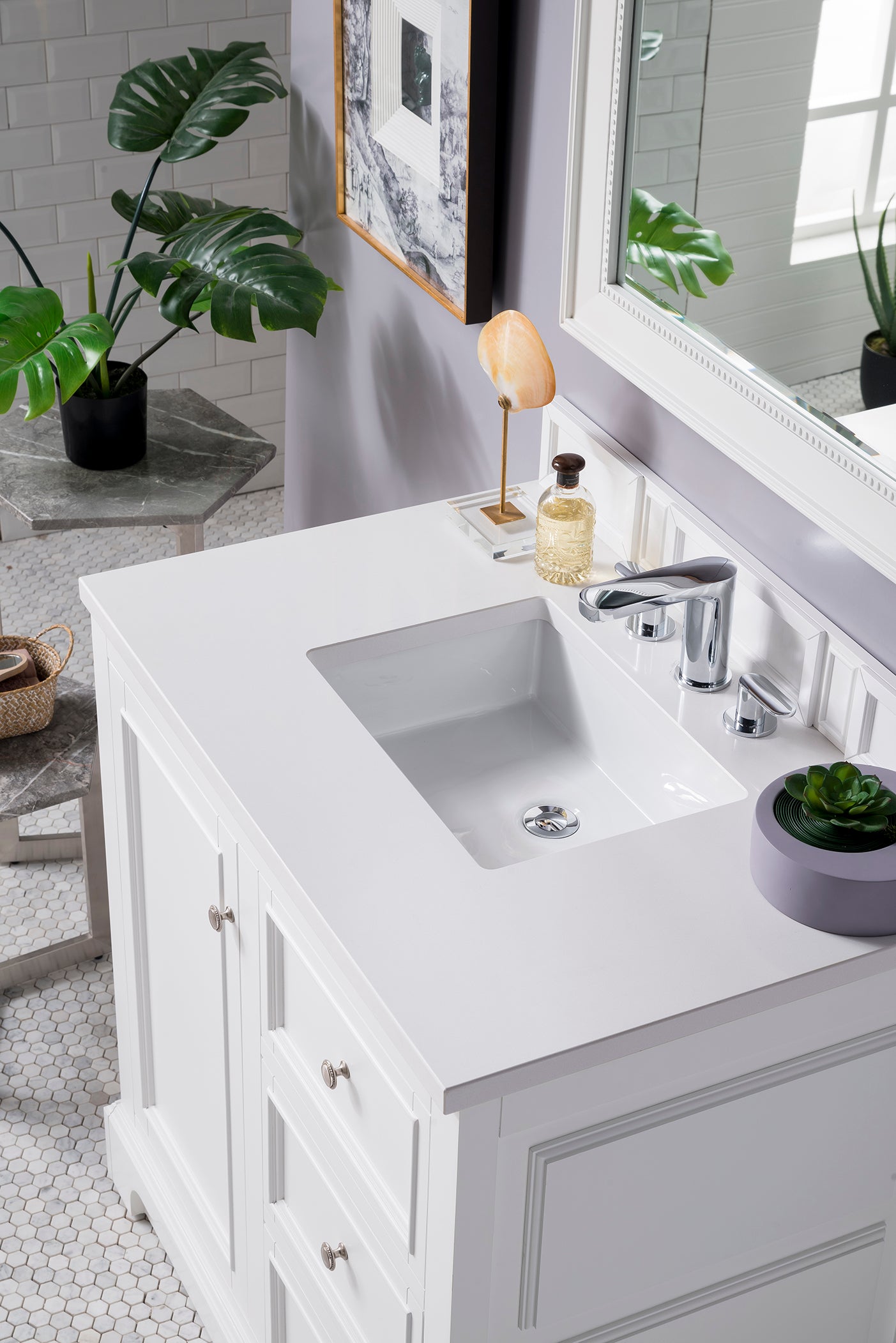 De Soto 36" Single Vanity, Bright White w/ 3 CM White Zeus Quartz Top James Martin Vanities