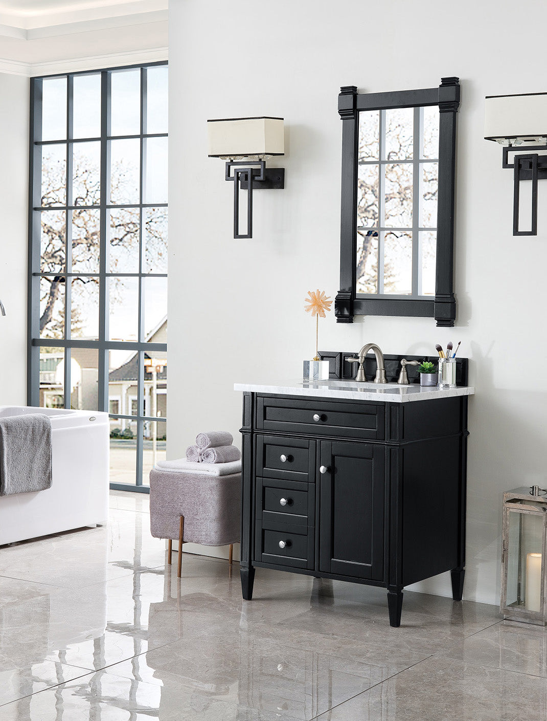 Brittany 30" Single Vanity, Black Onyx w/ 3 CM Carrara Marble Top James Martin Vanities