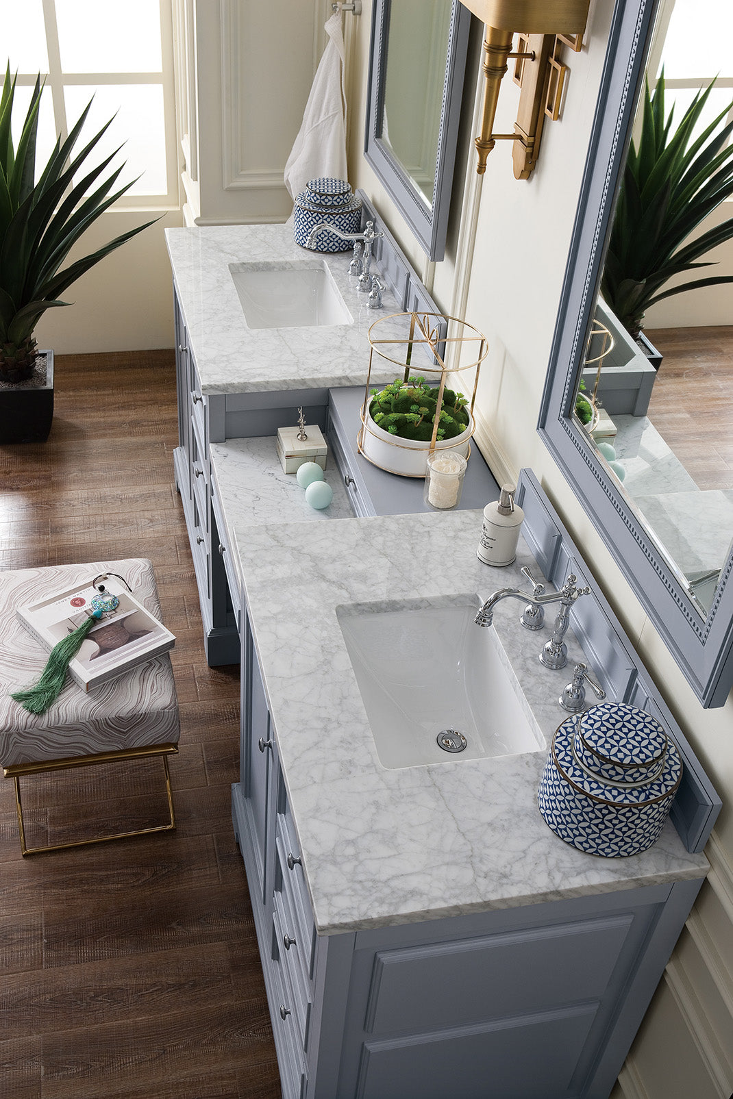 Bathroom Vanities Outlet Atlanta Renovate for LessDe Soto 94" Double Vanity Set, Silver Gray w/ Makeup Table, 3 CM Carrara Marble Top