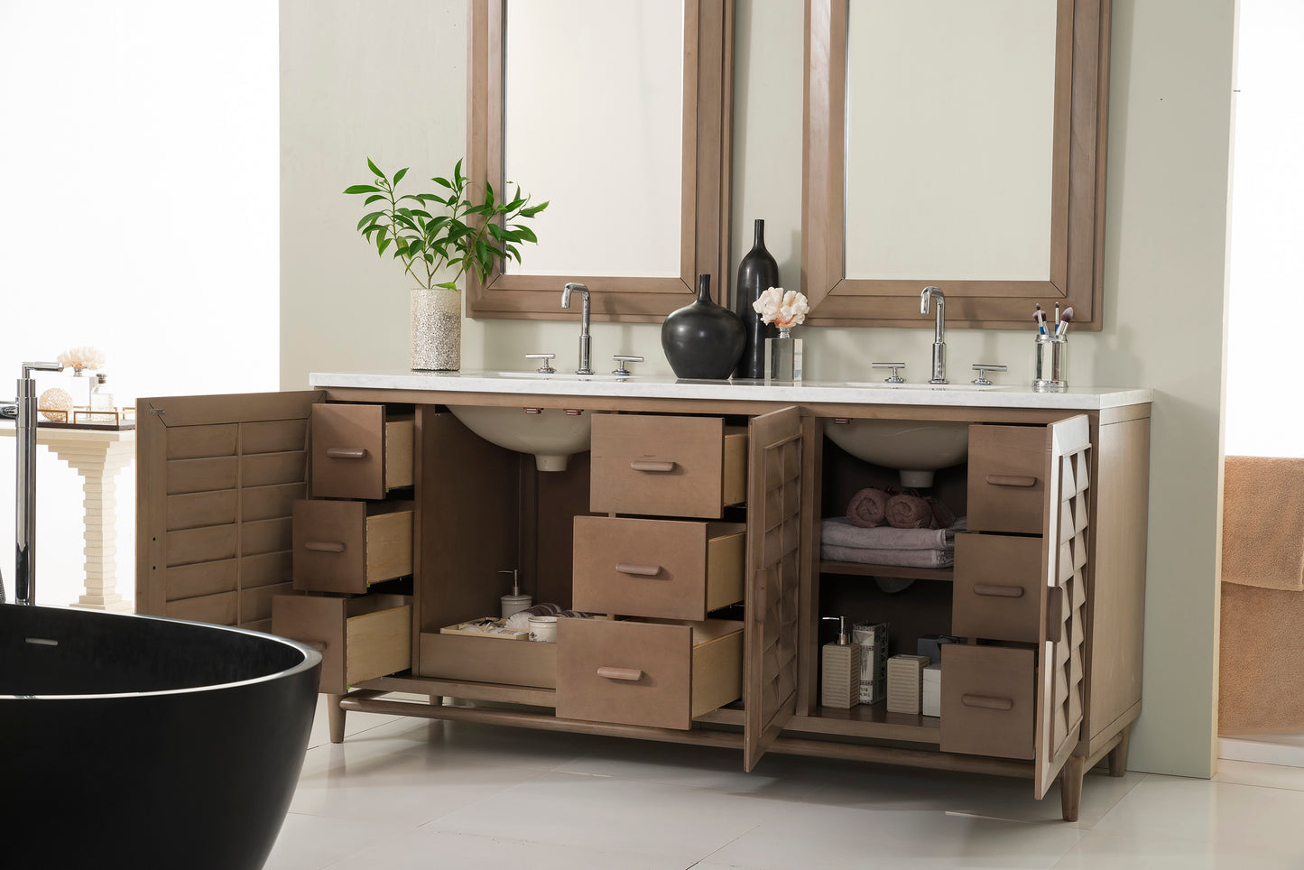 Portland 72" Double Vanity Whitewashed Walnut w/ 3 CM Arctic Fall Solid Surface Top James Martin Vanities