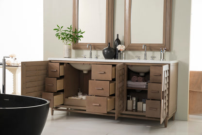 Portland 72" Double Vanity Whitewashed Walnut w/ 3 CM Arctic Fall Solid Surface Top James Martin Vanities