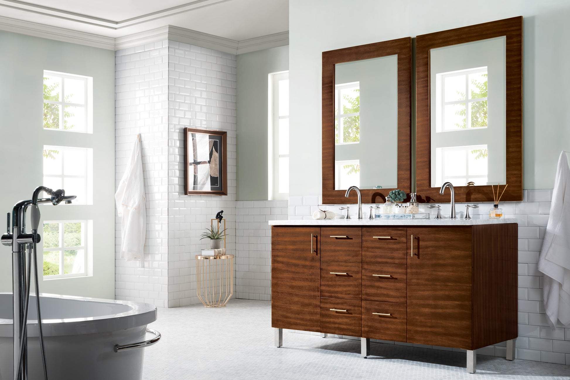 Metropolitan 60" American Walnut Double Vanity w/ 3 CM Carrara Marble Top James Martin Vanities
