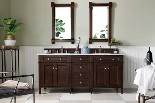 Brittany 72" Burnished Mahogany Double Vanity w/ 3 CM Carrara Marble Top James Martin Vanities