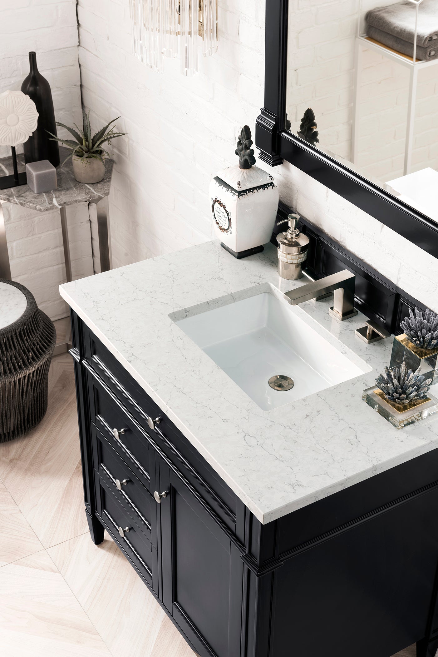 Brittany 36" Black Onyx Single Vanity w/ 3 CM Eternal Jasmine Pearl Quartz Top James Martin Vanities