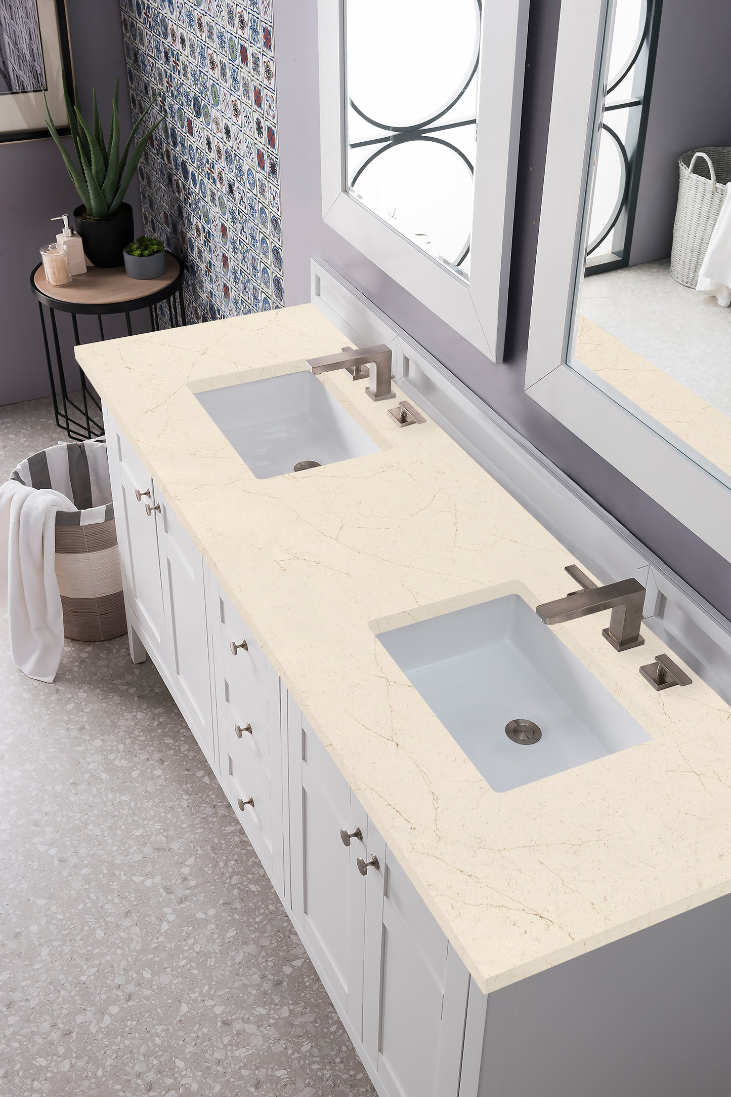 Palisades 72" Double Vanity, Bright White, w/ 3 CM Eternal Marfil Quartz Top James Martin Vanities